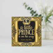 Baby Shower Prince on the way Gold Black Invitation (Standing Front)