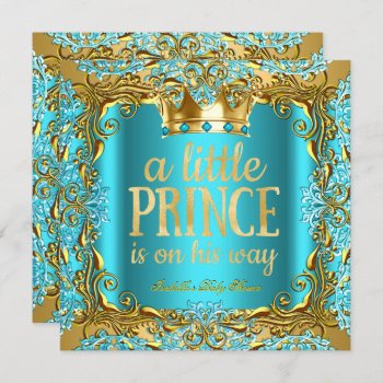 Baby Shower Prince On The Way Gold Teal Aqua Invitation by VintageBabyShop at Zazzle