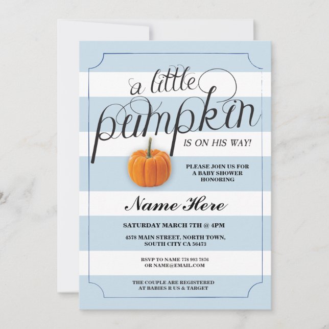 Baby Shower Pumpkin Blue Boy Stripe Harvest Invite (Front)