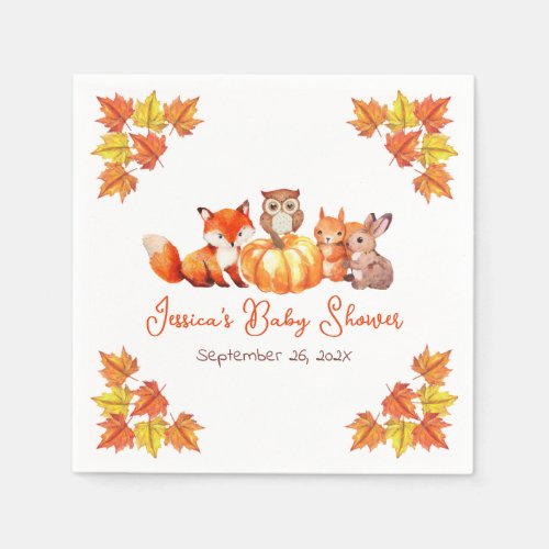 Baby Shower Pumpkin Cute Fox Autumn Leaves Animals Napkins