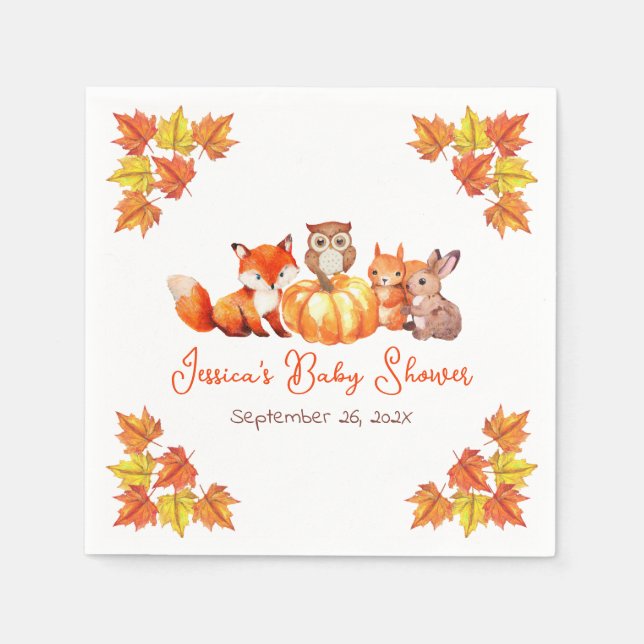 Baby Shower Pumpkin Cute Fox Autumn Leaves Animals Napkins (Front)