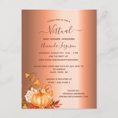 Baby Shower pumpkin fall copper virtual invitation Postcard