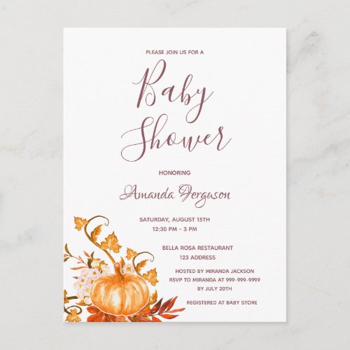 Baby Shower pumpkin fall golden white invitation Postcard