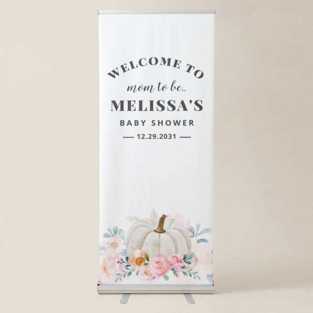Baby Shower Pumpkin Floral Pink Roses Retractable Banner (Front)