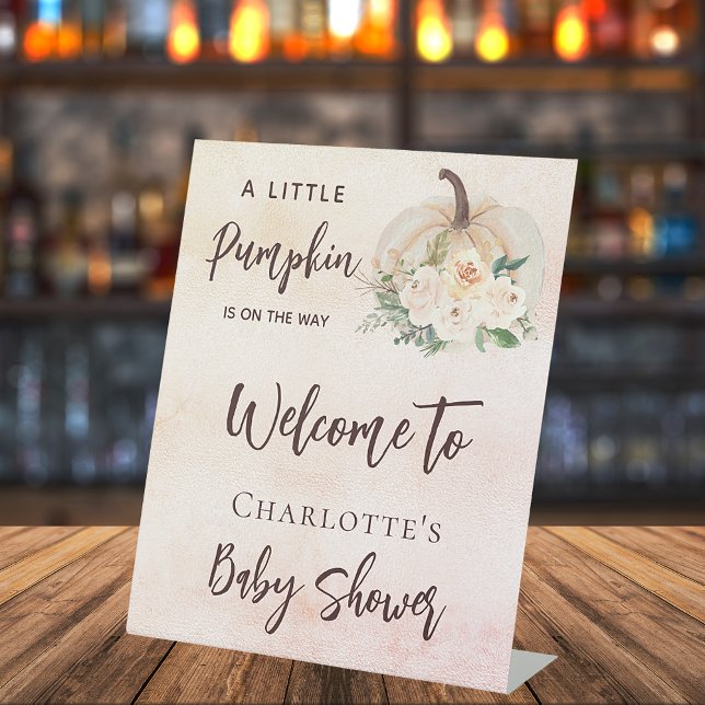 Baby shower pumpkin on the way cream welcome pedestal sign (Creator Uploaded)