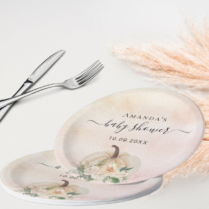 Baby Shower pumpkin rose gold cream blush Paper Plates