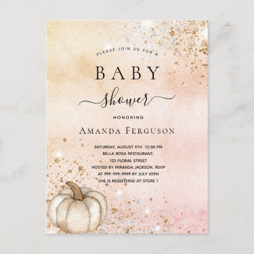 Baby shower pumpkin rose gold glitter fall invitation postcard
