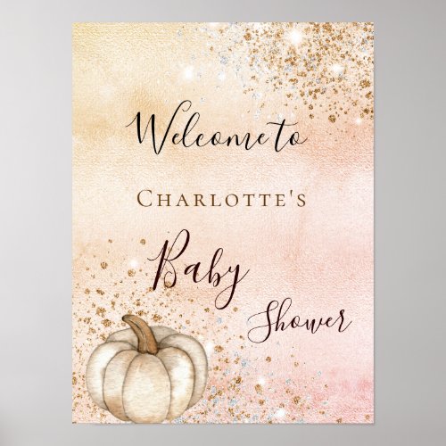 Baby shower pumpkin rose gold glitter fall welcome poster
