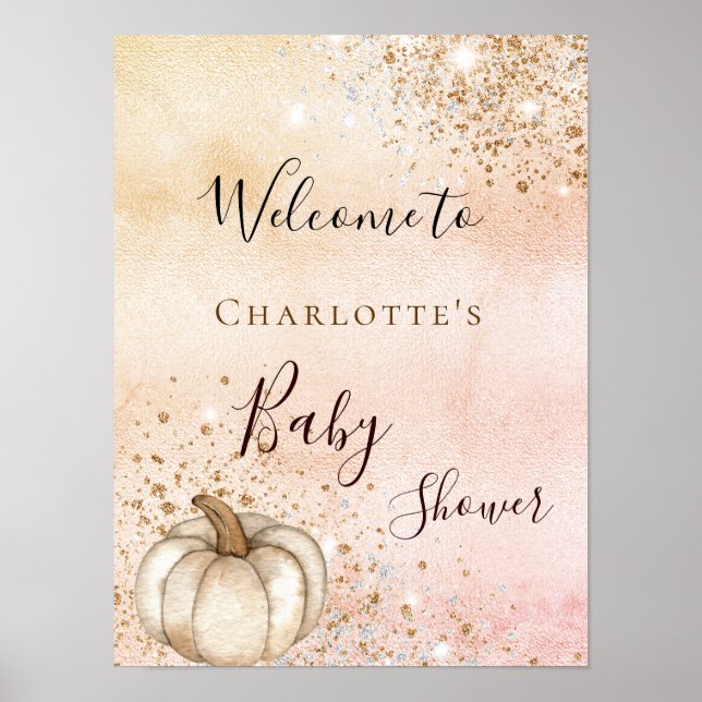 Baby shower pumpkin rose gold glitter fall welcome poster (Front)