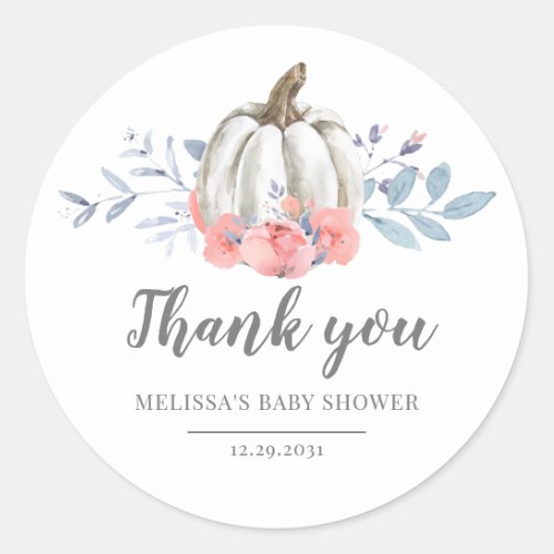 Baby Shower Pumpkin Watercolor Pink Roses Floral  Classic Round Sticker