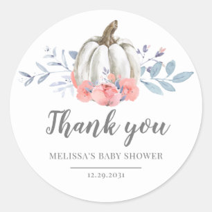 Baby Shower Pumpkin Watercolor Pink Roses Floral Classic Round Sticker