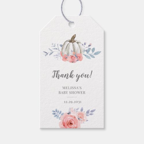 Baby Shower Pumpkin Watercolor Pink Roses Floral Gift Tags
