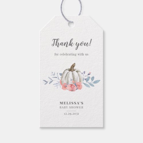 Baby Shower Pumpkin Watercolor Pink Roses Floral Gift Tags