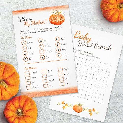 Baby shower pumpkin word search match game flyer