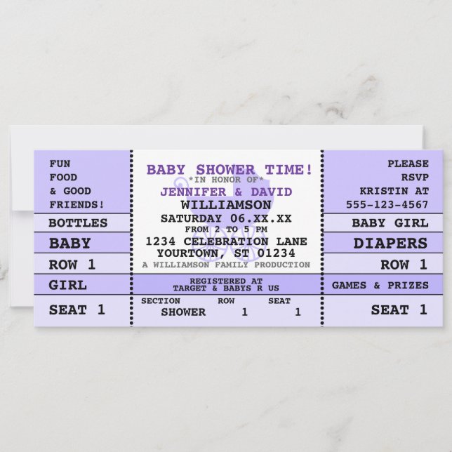 Baby Shower Purple Concert Ticket Invitation (Front)