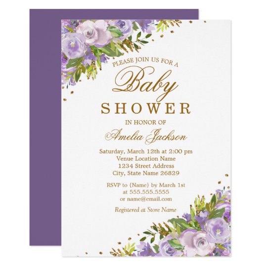 Baby Shower Purple Floral Watercolor Gold Invitation | Zazzle.com