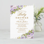 Baby Shower Purple Floral Watercolor Gold Invitation (Standing Front)