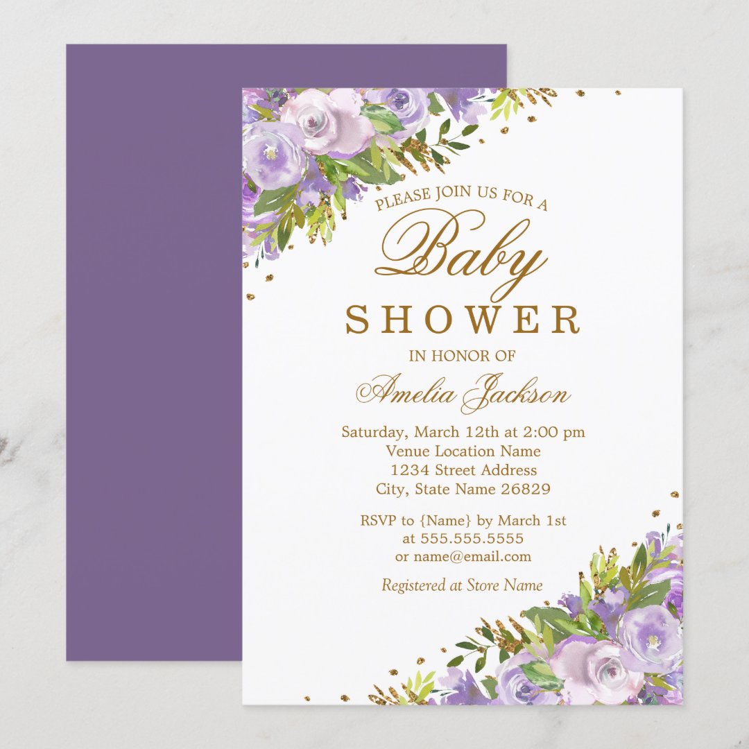 Baby Shower Purple Floral Watercolor Gold Invitation | Zazzle