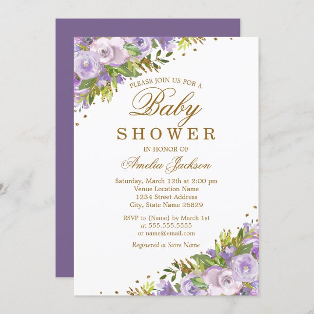Baby Shower Purple Floral Watercolor Gold Invitation (Front/Back)