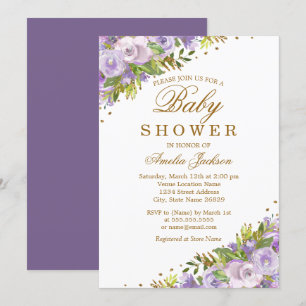 Baby Shower Purple Floral Watercolor Gold Invitation