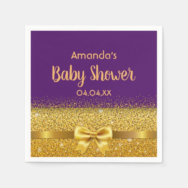 Baby Shower purple gold bow Napkins (Front)