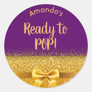 Baby Shower purple gold bow Ready to pop Classic Round Sticker