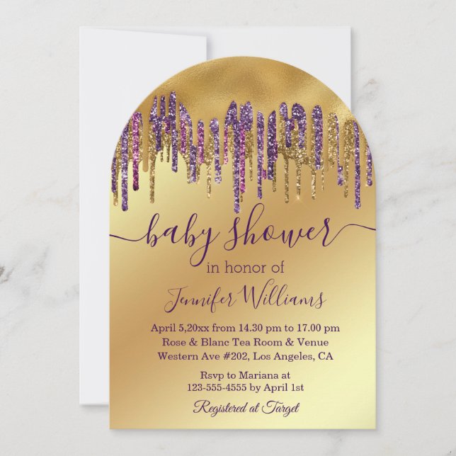 baby shower purple gold dripping glitters  invitation (Front)