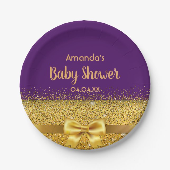 Baby Shower purple gold girl elegant monogram Paper Plates (Front)