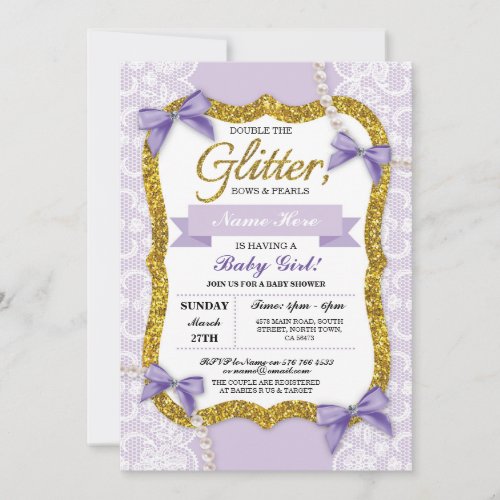 Baby Shower Purple Gold Lace Glitter Bow Girl Invitation