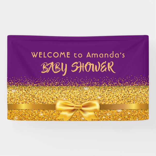 Baby Shower purple gold welcome monogram name Banner (Horizontal)