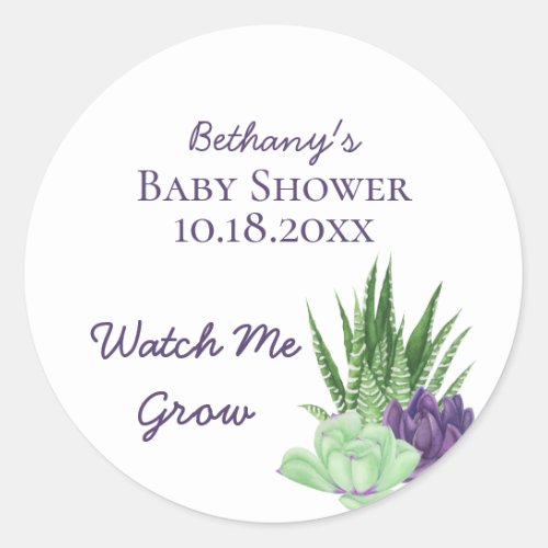 Baby Shower Purple Green Succulents Watch Me Grow Classic Round Sticker