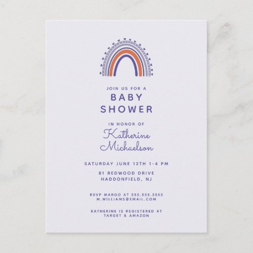 BABY SHOWER  Purple  Orange Rainbow Postcard