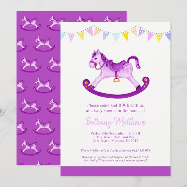 Baby shower purple rocking horse bunting invitation (Front/Back)