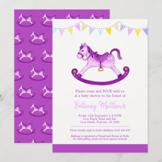 Baby shower purple rocking horse bunting invitation