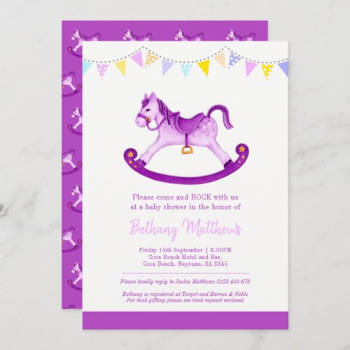 Baby shower purple rocking horse bunting invitation