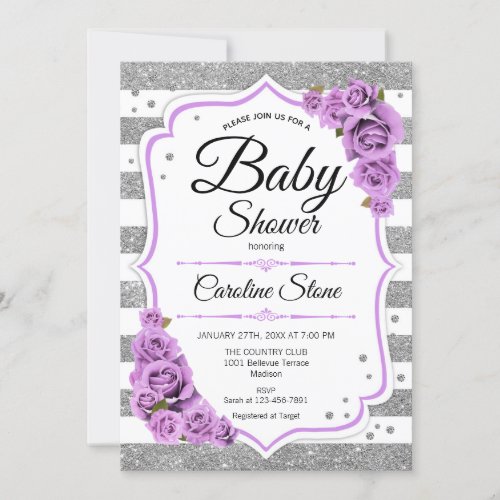 Baby Shower _ Purple Roses Gold White Stripes Invitation