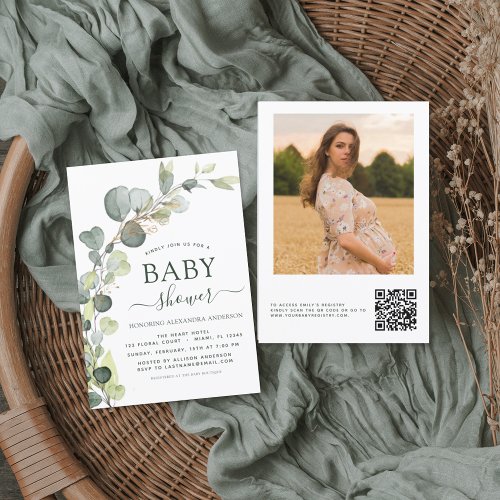 Baby Shower QR Code Photo Greenery Eucalyptus Invitation