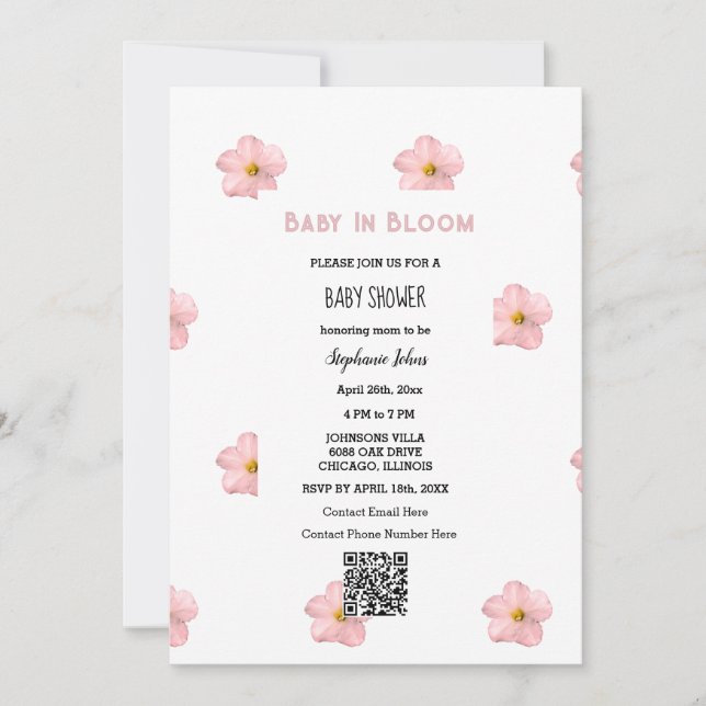 Baby Shower QR Code Pink Floral Cute Baby In Bloom Invitation (Front)
