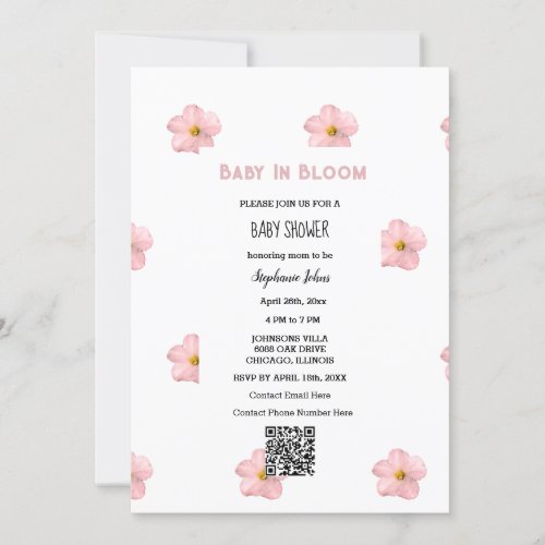 Baby Shower QR Code Pink Floral Cute Baby In Bloom Invitation