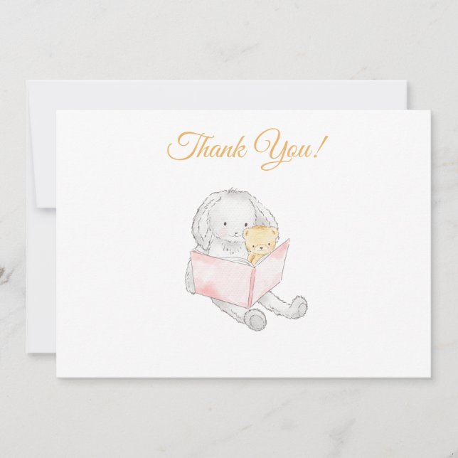 *~* Baby Shower Rabbit Bunny Reading to Teddy Thank You Card (Front)