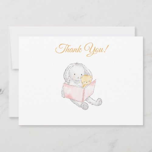  Baby Shower Rabbit Bunny Reading to Teddy Thank You Card