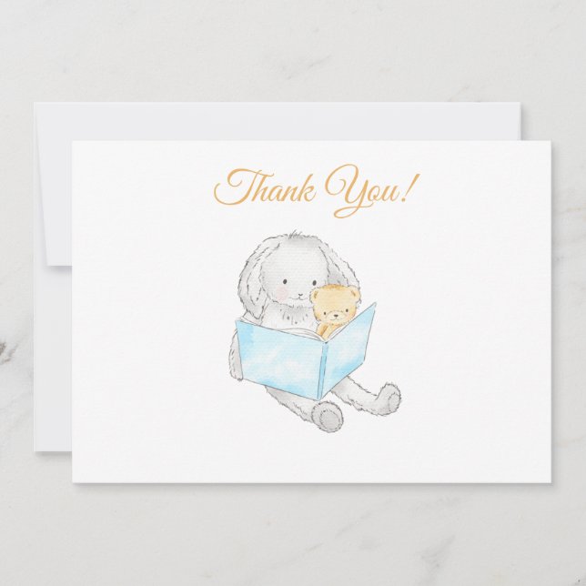 *~* Baby Shower Rabbit Bunny Reading to Teddy Thank You Card (Front)