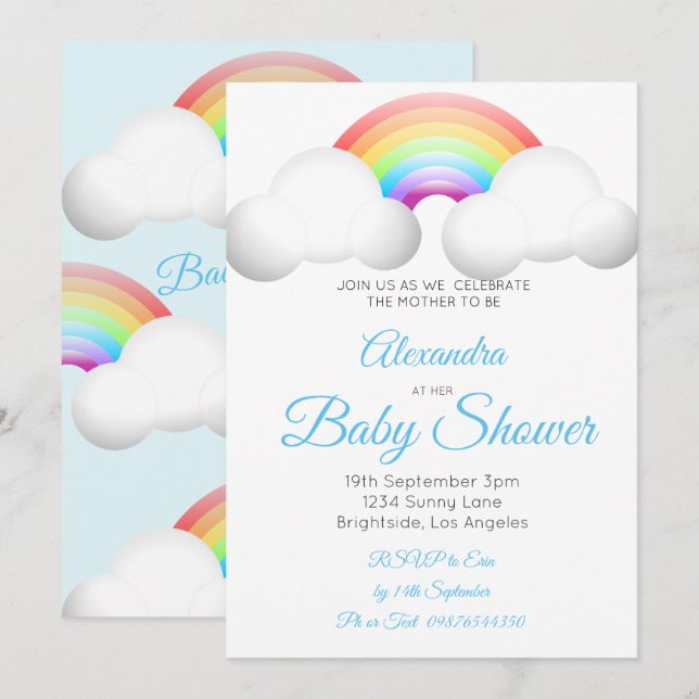 Baby Shower Rainbow Clouds Colorful Blue Invitation (Front/Back)
