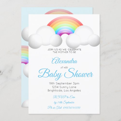 Baby Shower Rainbow Clouds Colorful Blue Invitation