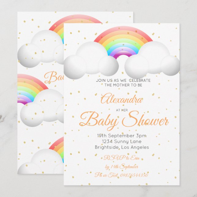 Baby Shower Rainbow Clouds Colorful Gold Spots Invitation (Front/Back)