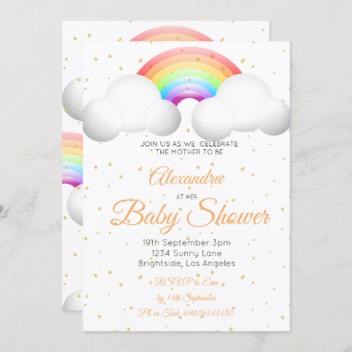 Baby Shower Rainbow Clouds Colorful Gold Spots Invitation