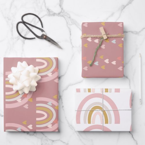 Baby Shower Rainbow Hearts Pink Wrapping Paper Sheets