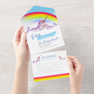 Baby shower rainbow narwhals blue watercolor all in one invitation