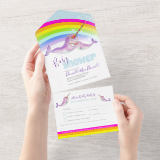 Baby shower rainbow narwhals watercolor all in one invitation