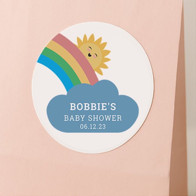 Baby Shower Rainbow Sun Whimsical Gender Neutral Classic Round Sticker (Creator Uploaded)